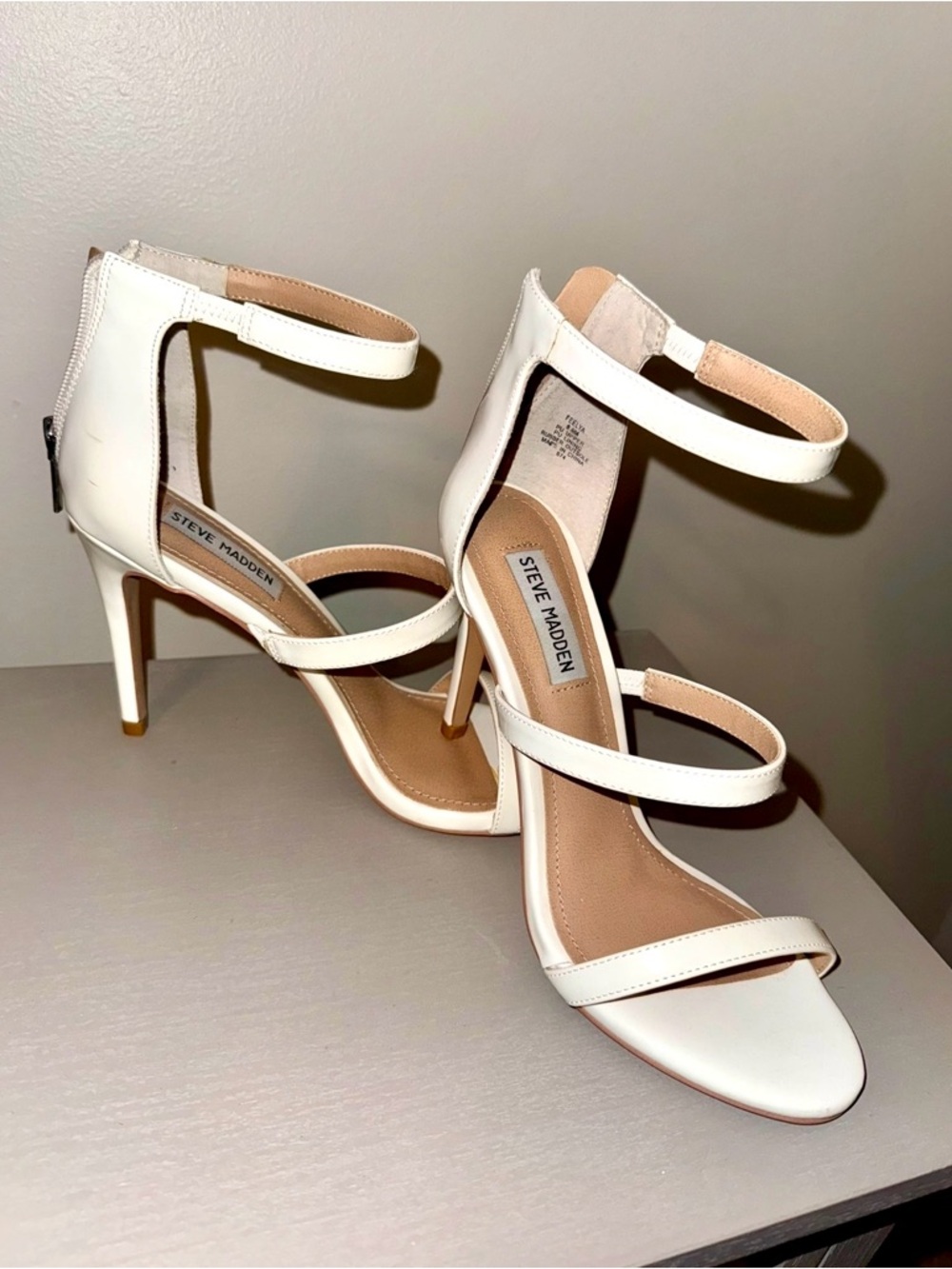 Steve Madden White Strappy Ankle-Zip High Heels